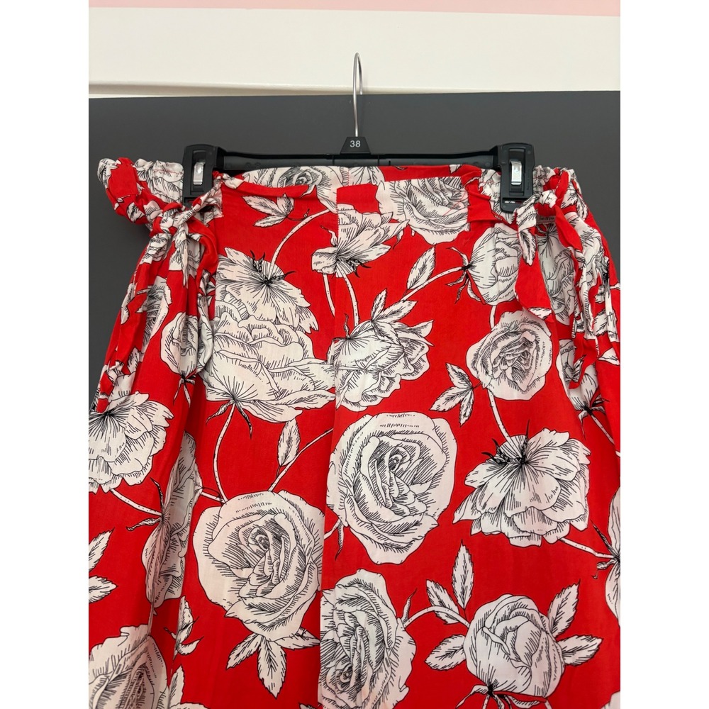 Jaase Red Floral Rose Print Paperbag Waist Rayon Straight Leg‎ Pants Womens M - Picture 2 of 6